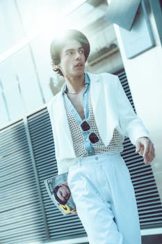 Stylish young man in fashionable attire strutting through a city environment with confidence.