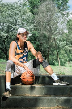 A young man in casual street style sits outdoors on steps with a basketball.