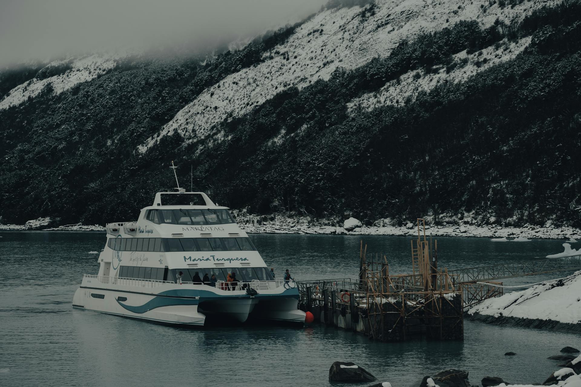 A cruise ship docked at a snowy winter coastline with a forest backdrop, exuding a tranquil cold ambiance.