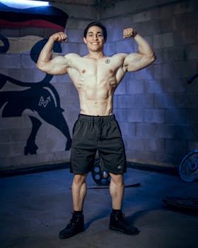 A strong male bodybuilder flexing muscles indoors, showcasing strength and fitness.