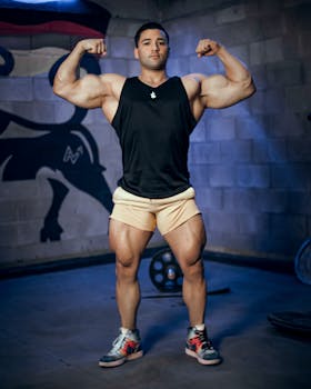 A muscular man in a black tank top flexes in an indoor gym setting, showcasing strength and fitness.