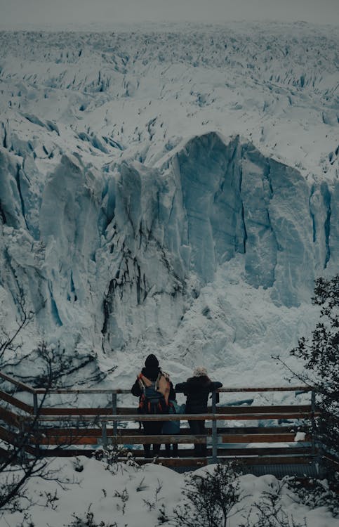 People Standing on a Viewing Deck Near a Snow Covered Mountain