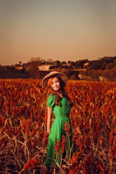 A woman in a green dress stands in a golden field under the warm glow of the sunset, creating a serene and vibrant scene.