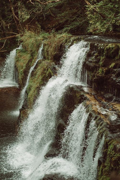 Free Serene waterfalls cascade through a lush forest, capturing nature's tranquility and beauty. Stock Photo