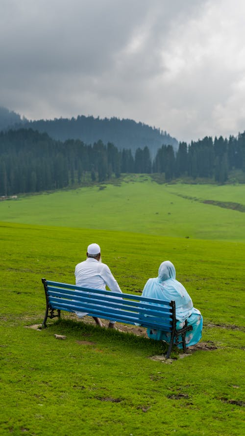 People Sitting on Blue Bench on Green Grass Field