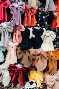 A vibrant assortment of colorful hair bows on display at a fashion market stall.