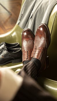 Elegant brown leather shoes styled with formal attire in an indoor setting.