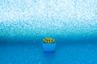 蓝色背景闪闪发光，映衬着花盆里的小仙人掌，营造出充满活力的视觉效果