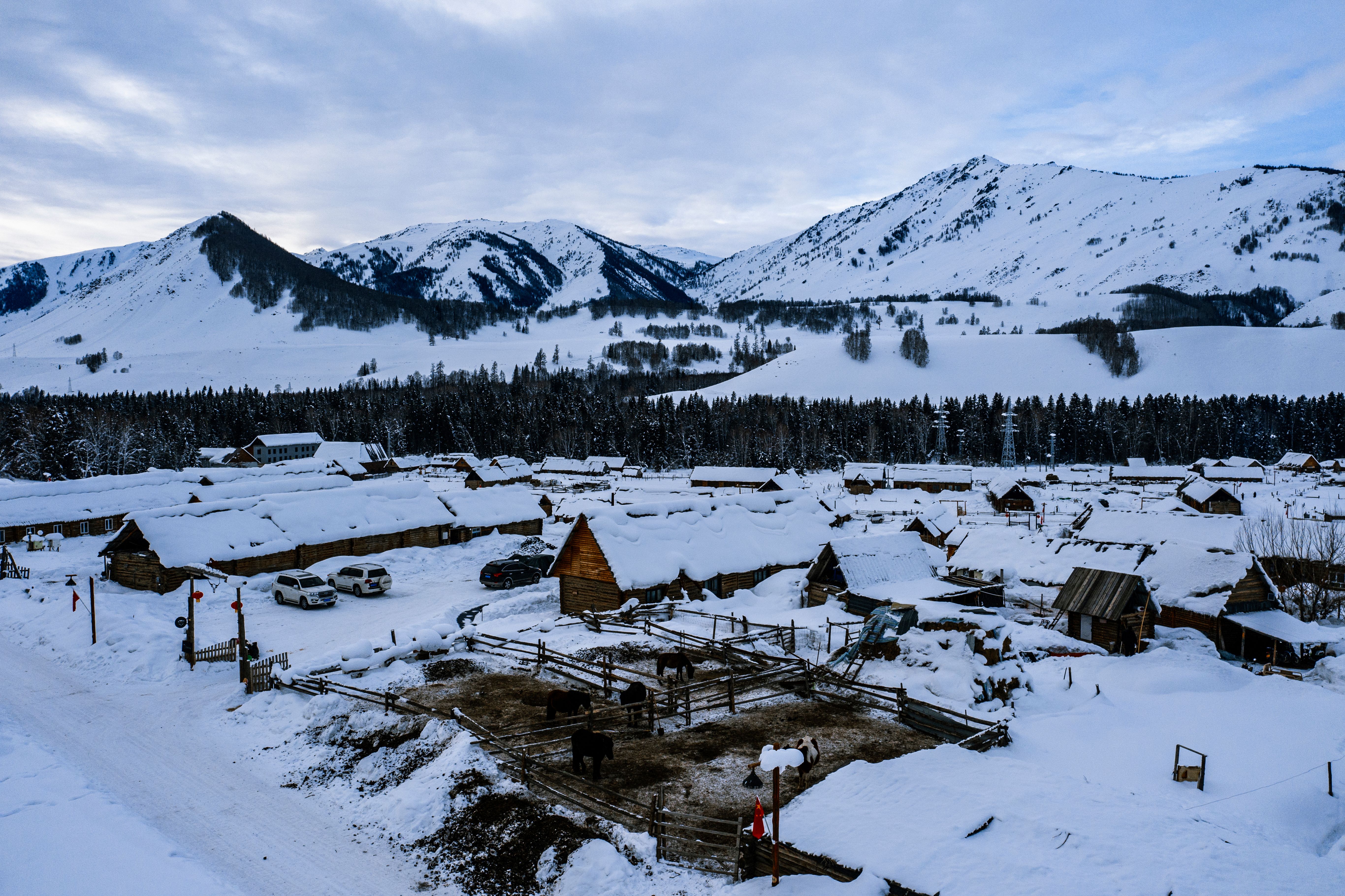Serene snowy village nestled in Altay Mountains, capturing winter's beauty and rustic architecture.