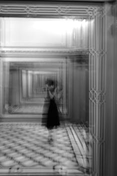 Artistic black and white photo of a corridor with a blurred silhouette, creating a surreal effect.