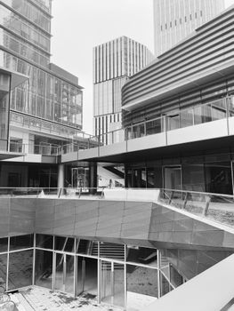 Black and white view of modern architectural structures in Guangzhou, China.