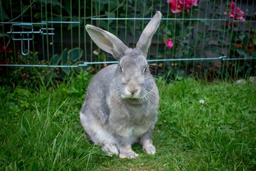 Adorable grey rabbit in a lush garden, perfect for animal lovers.