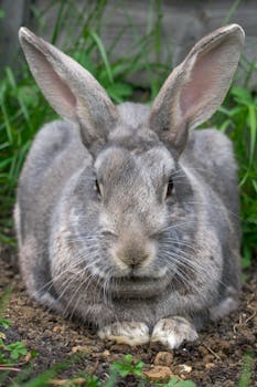 Adorable Flemish Giant Rabbit resting outdoors on a patch of soil surrounded by greenery.