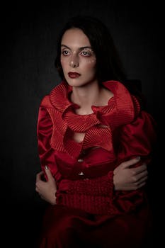 Portrait of a woman in an elegant red dress with striking makeup, captured in a studio setting.