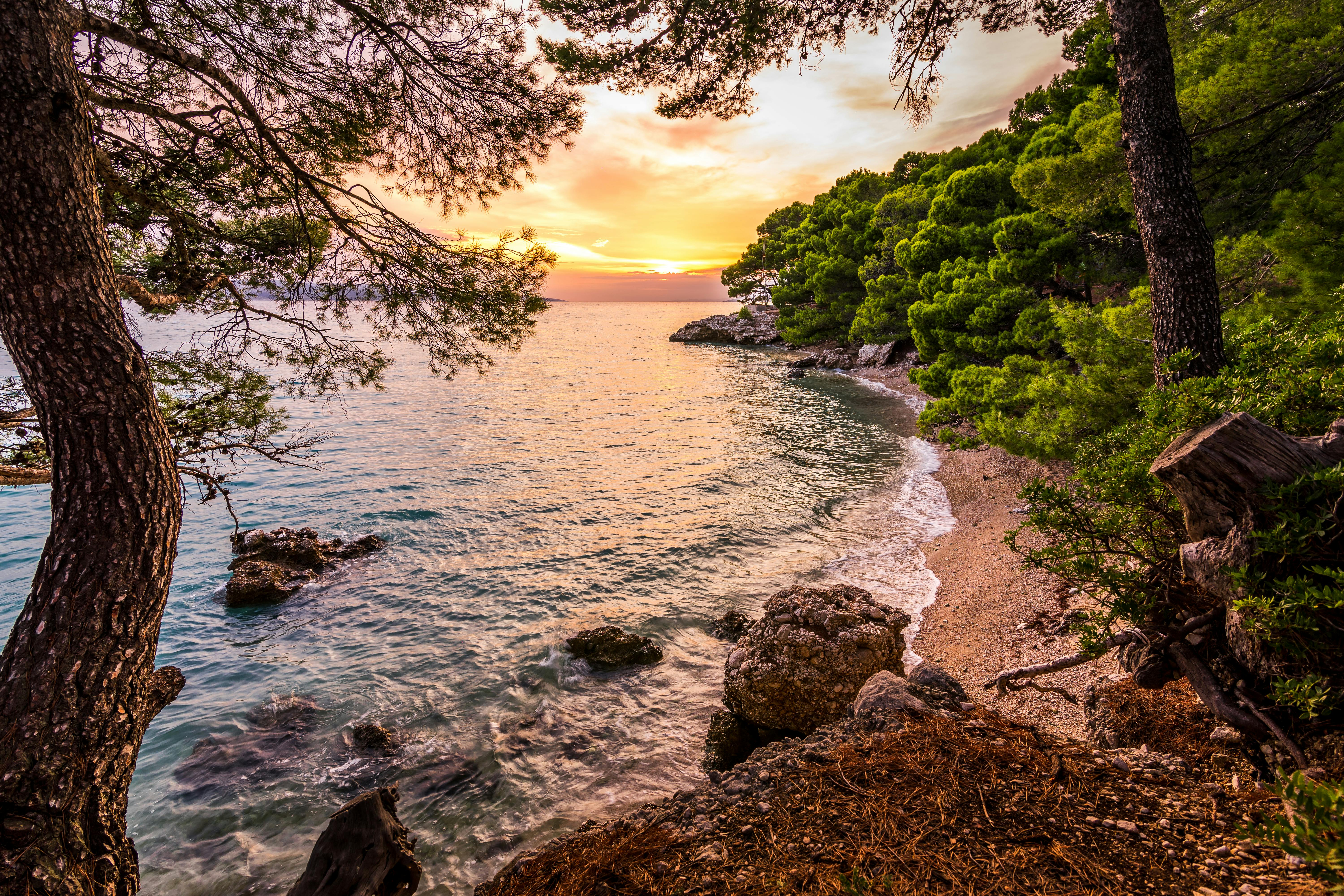 宁静的亚得里亚海海滨，郁郁葱葱的绿树与岩石海岸，构成了迷人的黄昏