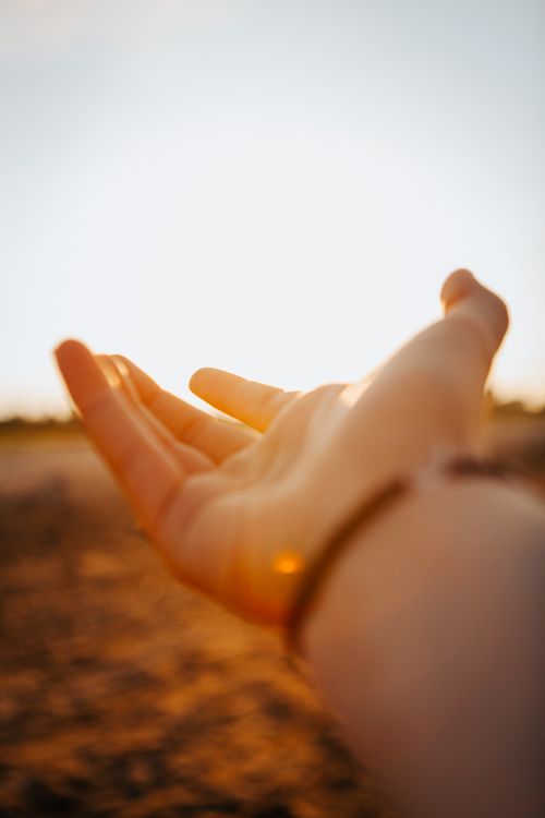 Free A hand reaching up against a sunlit sky at sunset, creating a warm, inviting scene. Stock Photo