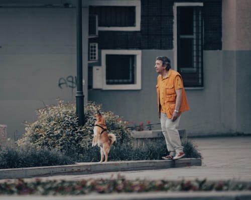 Elderly Man Wearing a Yellow Vest with His Pet Dog