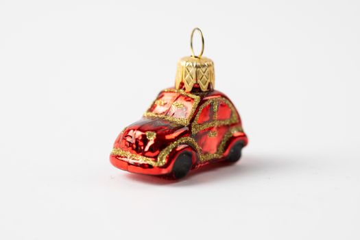 Car Shaped Red Christmas Tree Ornament on White Background