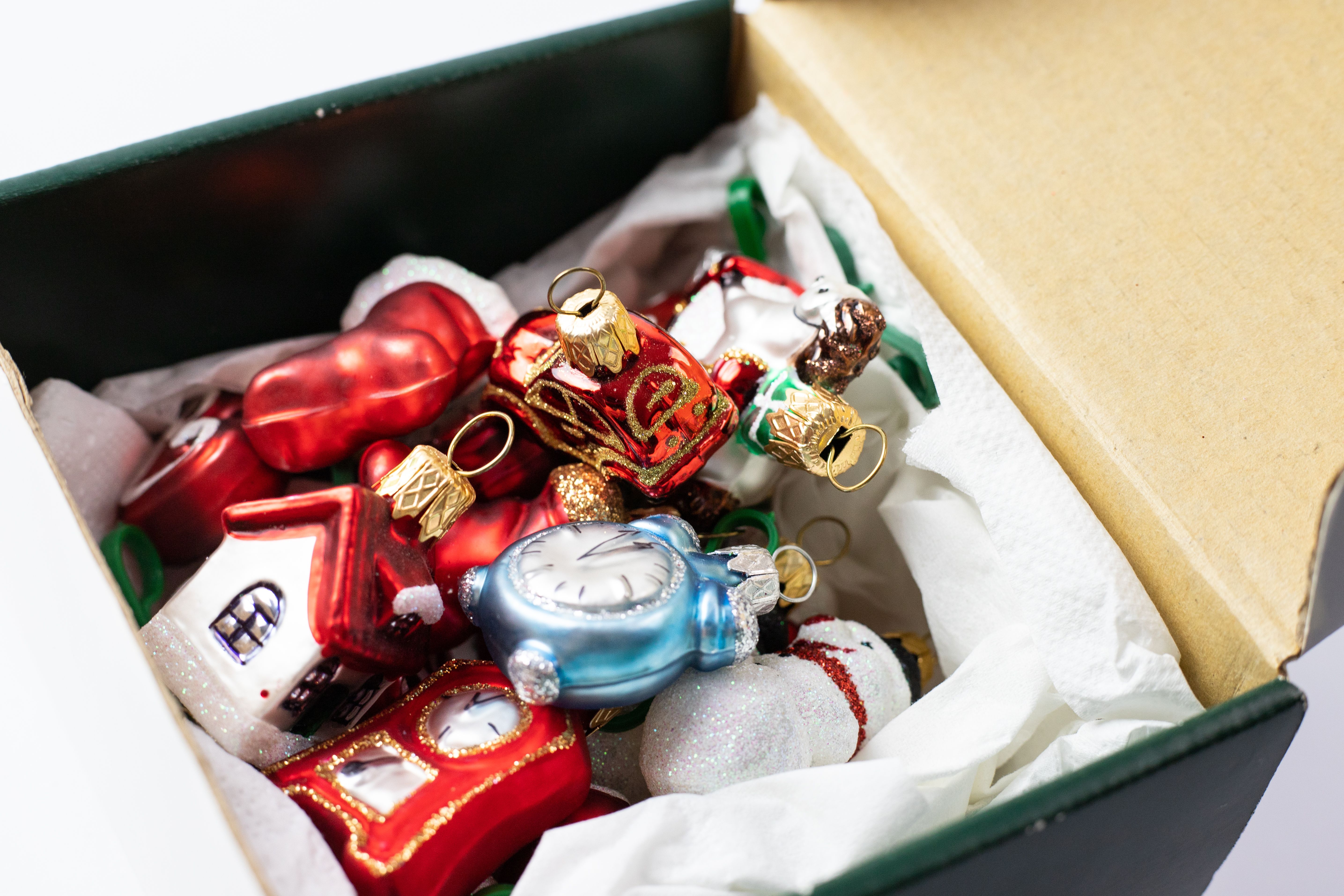 Collection of vintage glass Christmas ornaments in original box