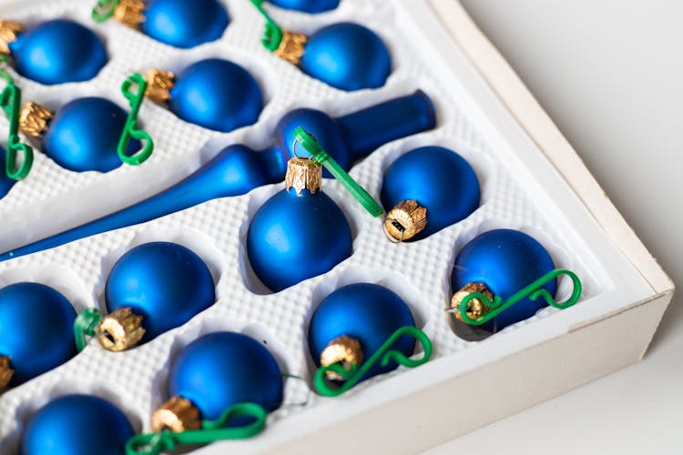 Blue Christmas Balls On A Box