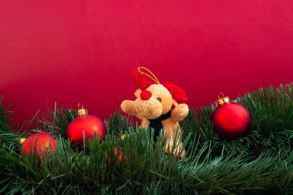 Plush reindeer toy on evergreen garland with red Christmas balls against a red backdrop.