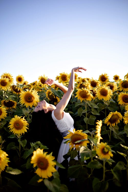 A Woman in a White Sleeveless Dress in a Sunflower Field