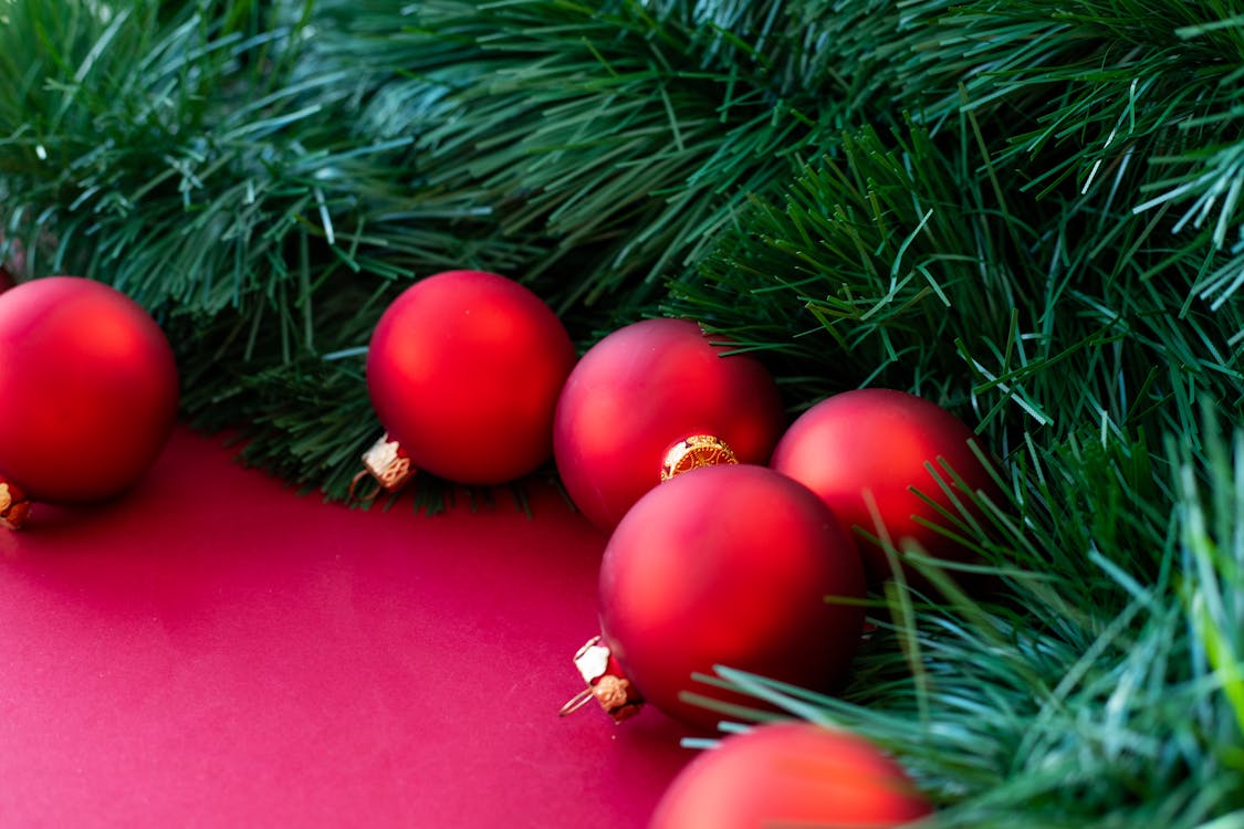 Red Christmas Balls and Pine Leaves