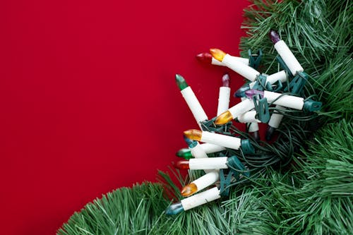 Colorful Christmas Lights and Pine Leaves on Red Surface