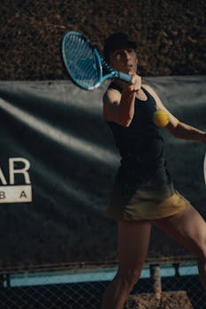 Woman playing tennis, captured mid-action, showcasing sportswear and technique.