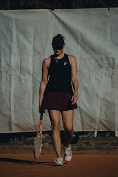 Athletic woman walking on clay court with tennis racket. Dark sportswear and visor create a fashionable look.