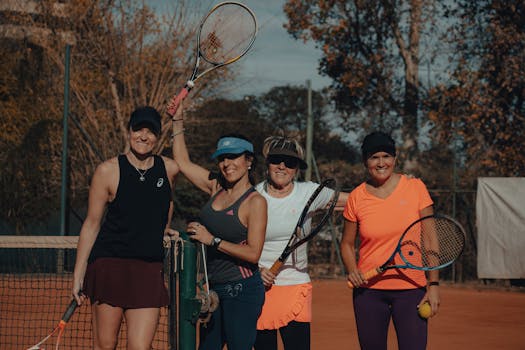 Four women smiling and holding tennis rackets on an outdoor tennis court.