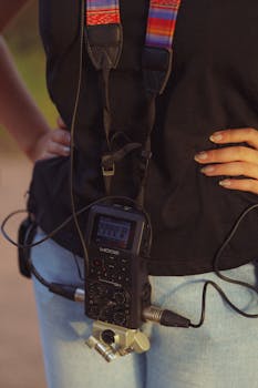 Person using a professional audio recorder outdoors, hands on hips, in casual attire.