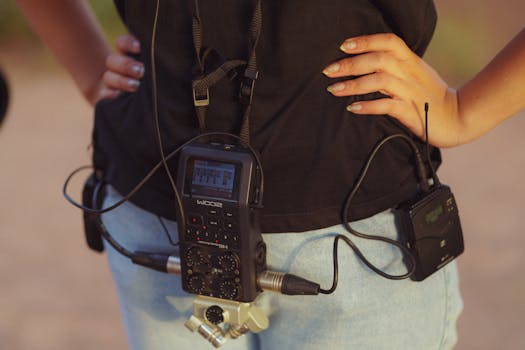 A close-up of audio recording equipment attached to a person outdoors in Rabat, Morocco.