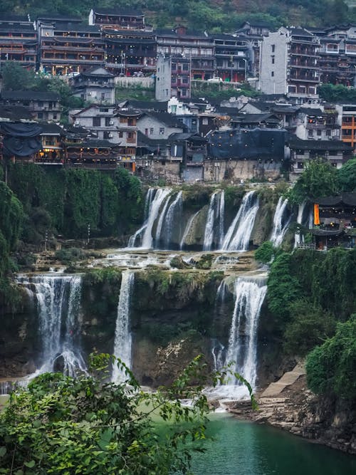 Free Wangcun Waterfall in Furong Ancient Town Stock Photo