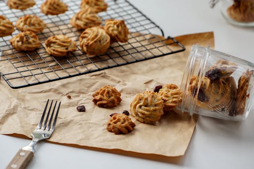 Freshly baked cookies on a cooling rack with a fork and a jar on a rustic paper setting.