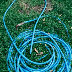 Bright blue garden hose coiled loosely on green grass with a brass fitting