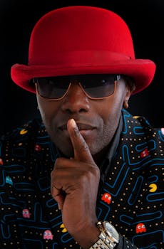 Close-up portrait of a fashionable man wearing a red hat and sunglasses, signaling silence.