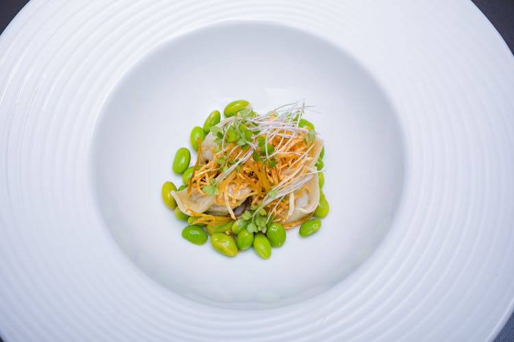 Edamame Beans With Bean Sprouts On A Ceramic Plate