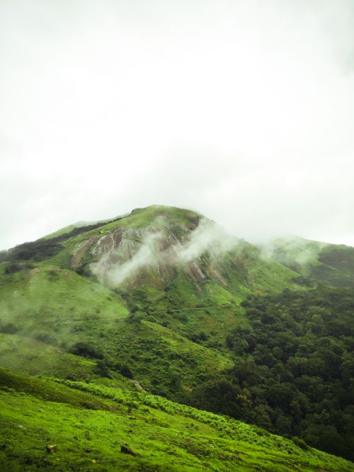 Free Serene green mountain landscape with misty clouds, perfect for nature lovers. Stock Photo