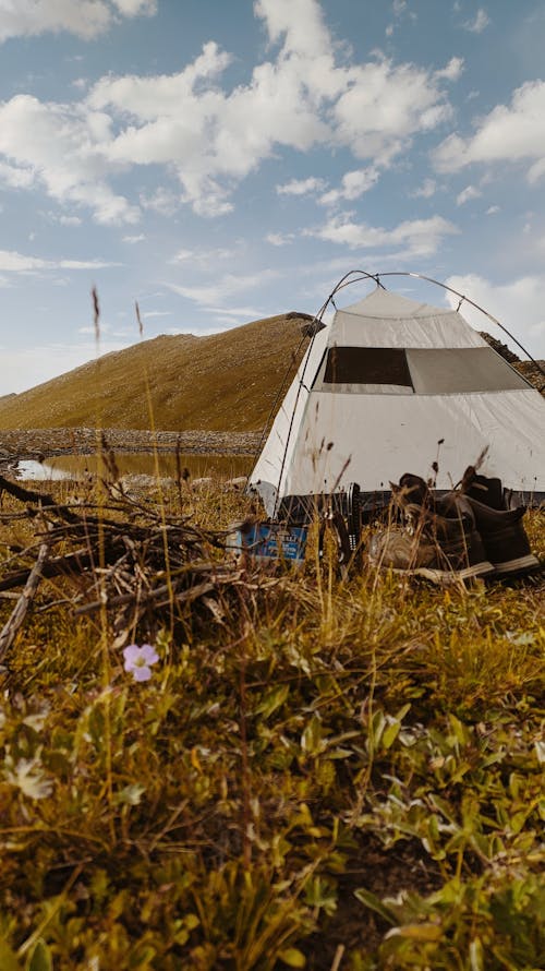 White and Gray Tent on Green Grass Field Near Mountain