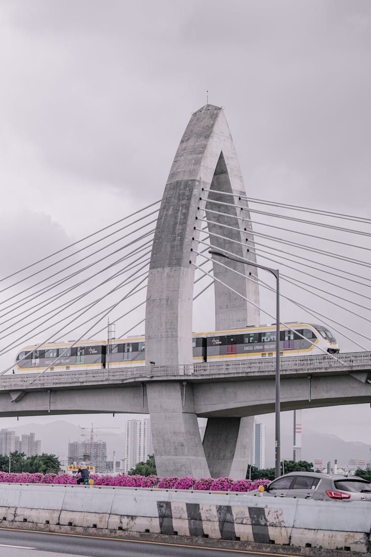 Train In A White Bridge Under White Sky