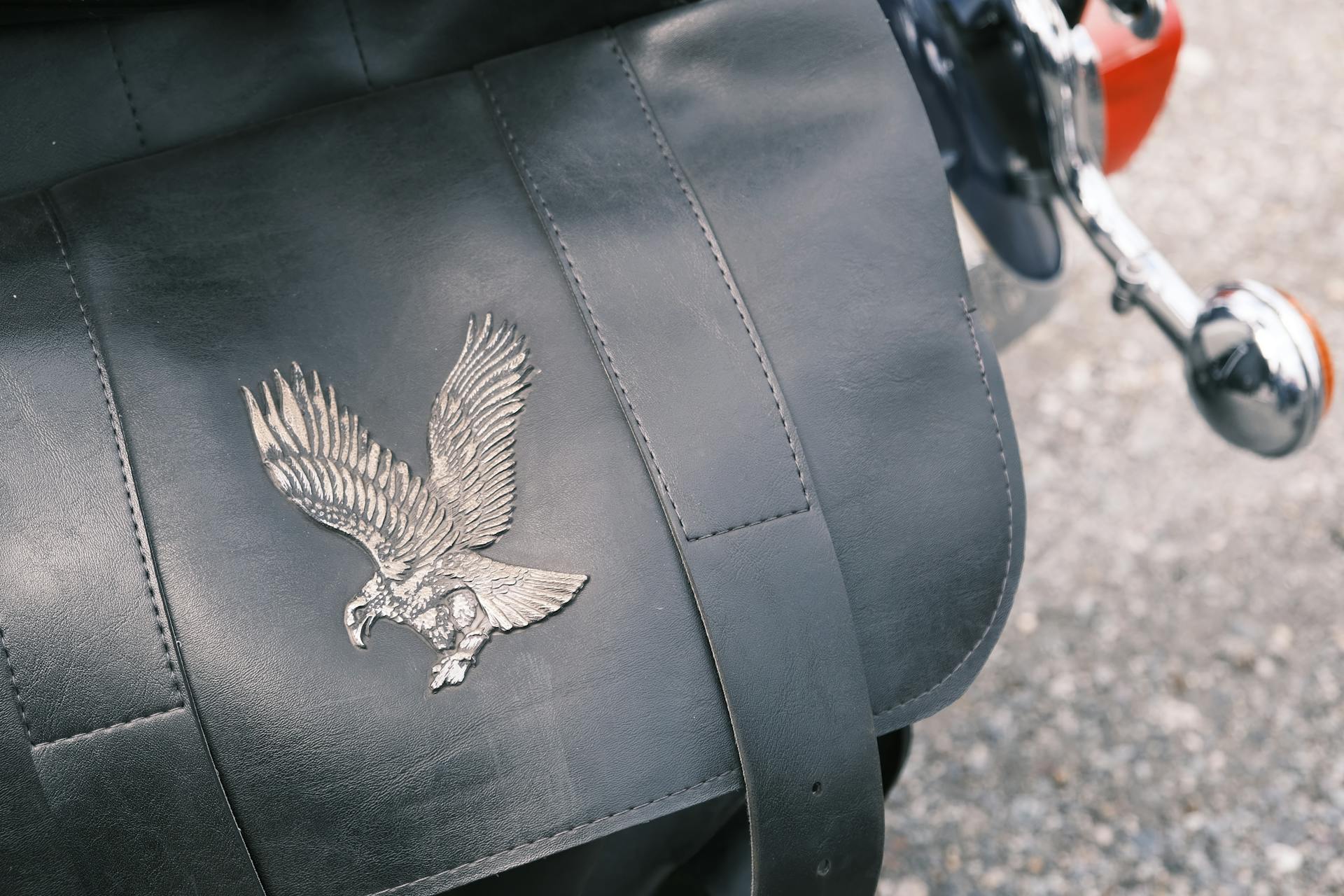 Detailed close-up of a leather bag featuring an embossed eagle design, capturing a classic and stylish vibe.