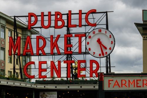Free Close-up of the famous Public Market Center sign at Pike Place Market in Seattle, WA. Stock Photo