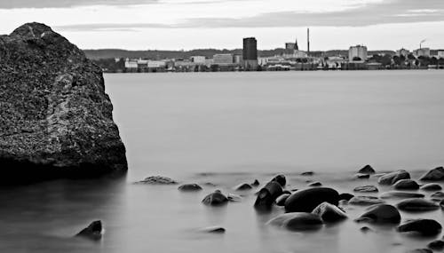 Rock and Stones on Shore in Black and White