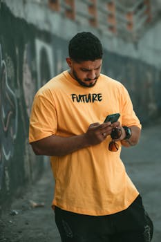 Man in yellow 'Future' t-shirt using smartphone, urban street style.