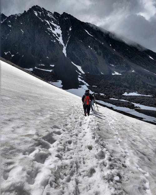 Person in Black Jacket Walking on Snow Covered Ground