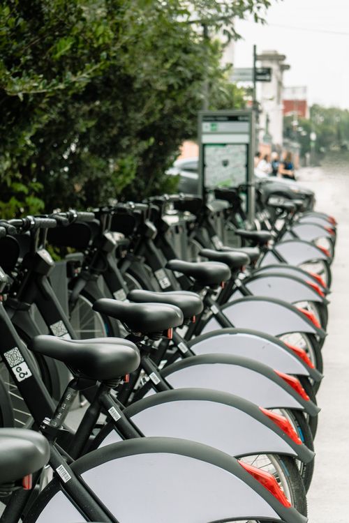 Free A line of bicycles parked outdoors in Mexico City, offering urban transportation options. Stock Photo