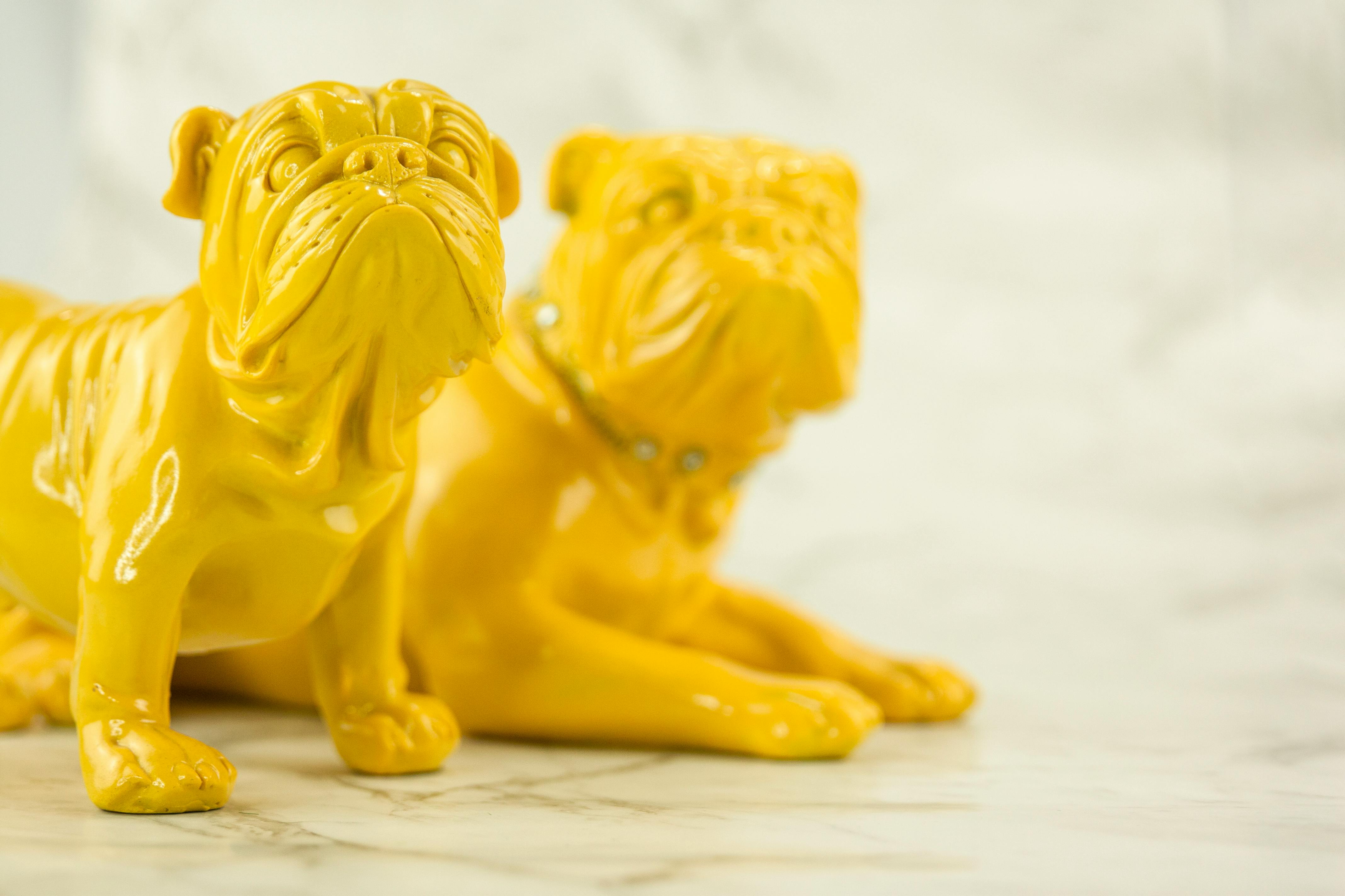 a close up shot of yellow dog figurines