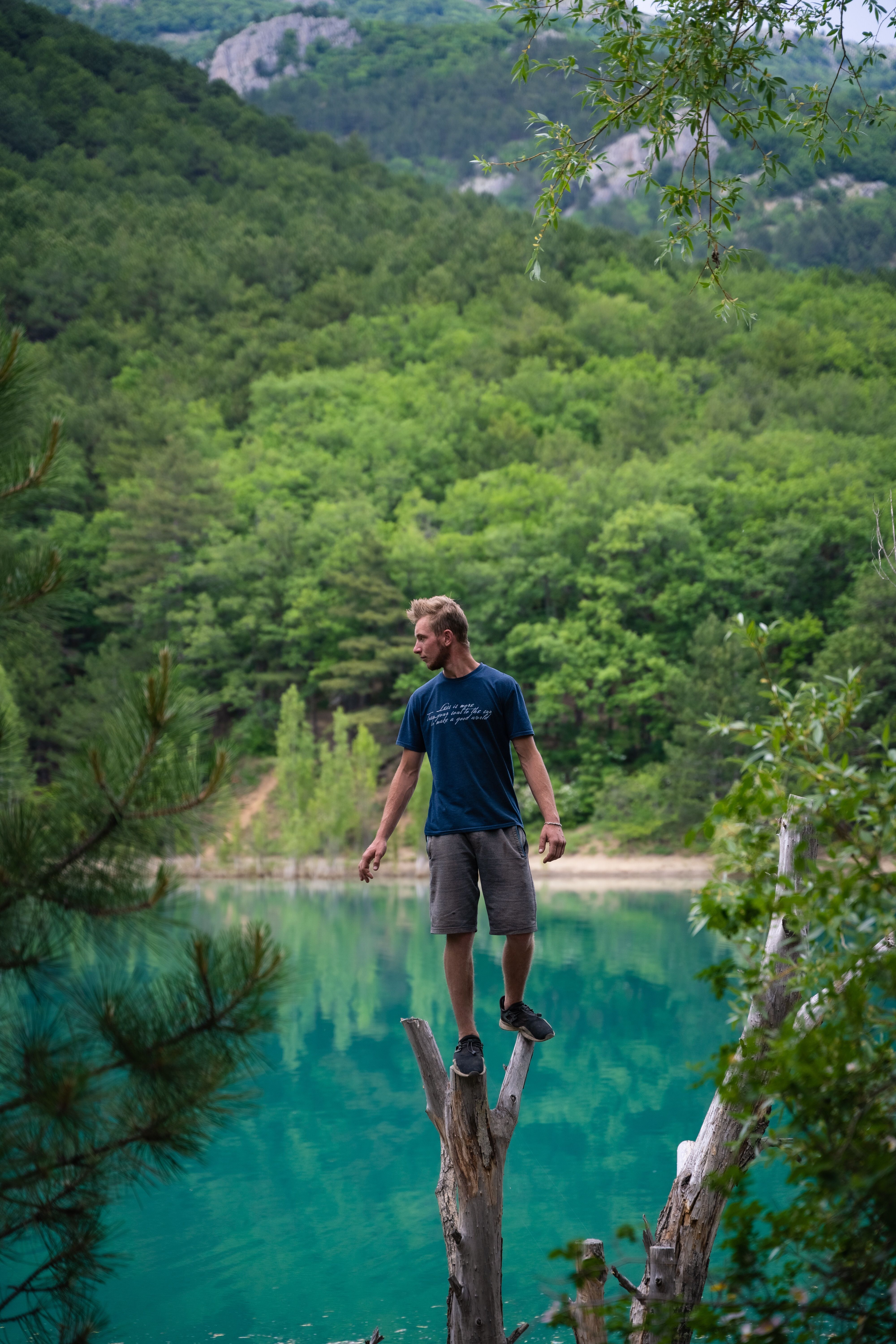 A man balances on a tree stump by a serene blue lake surrounded by lush forest and mountains.