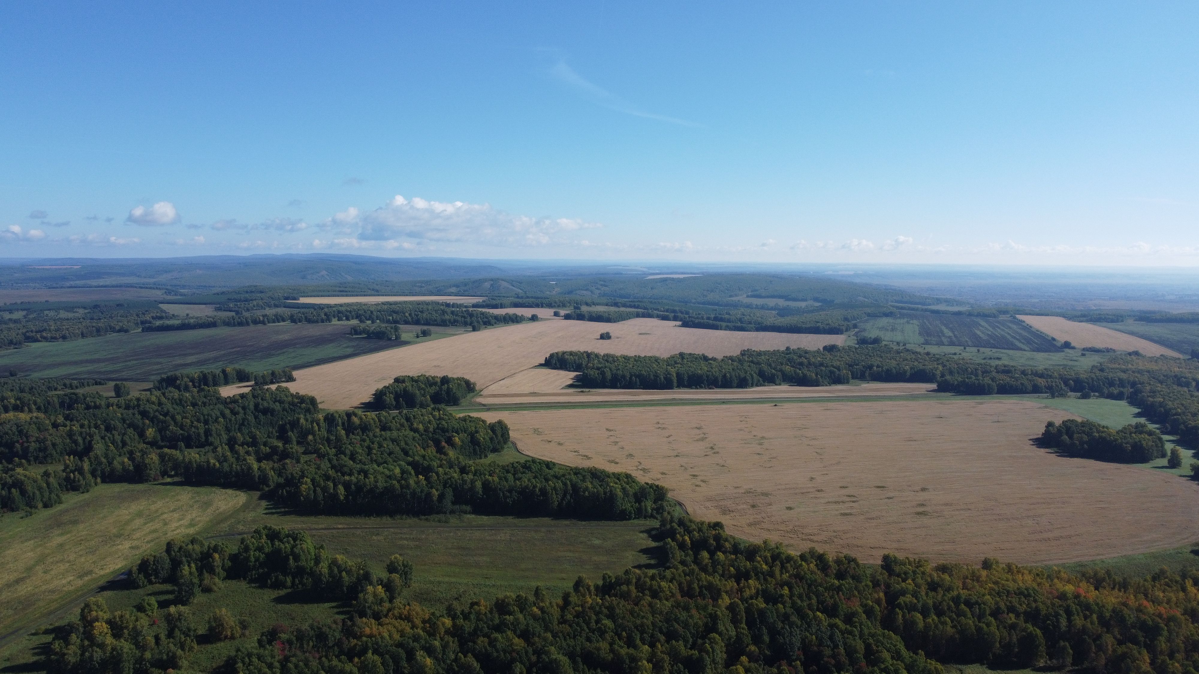 A stunning aerial view showcasing vast countryside fields and lush forests under a clear blue sky.
